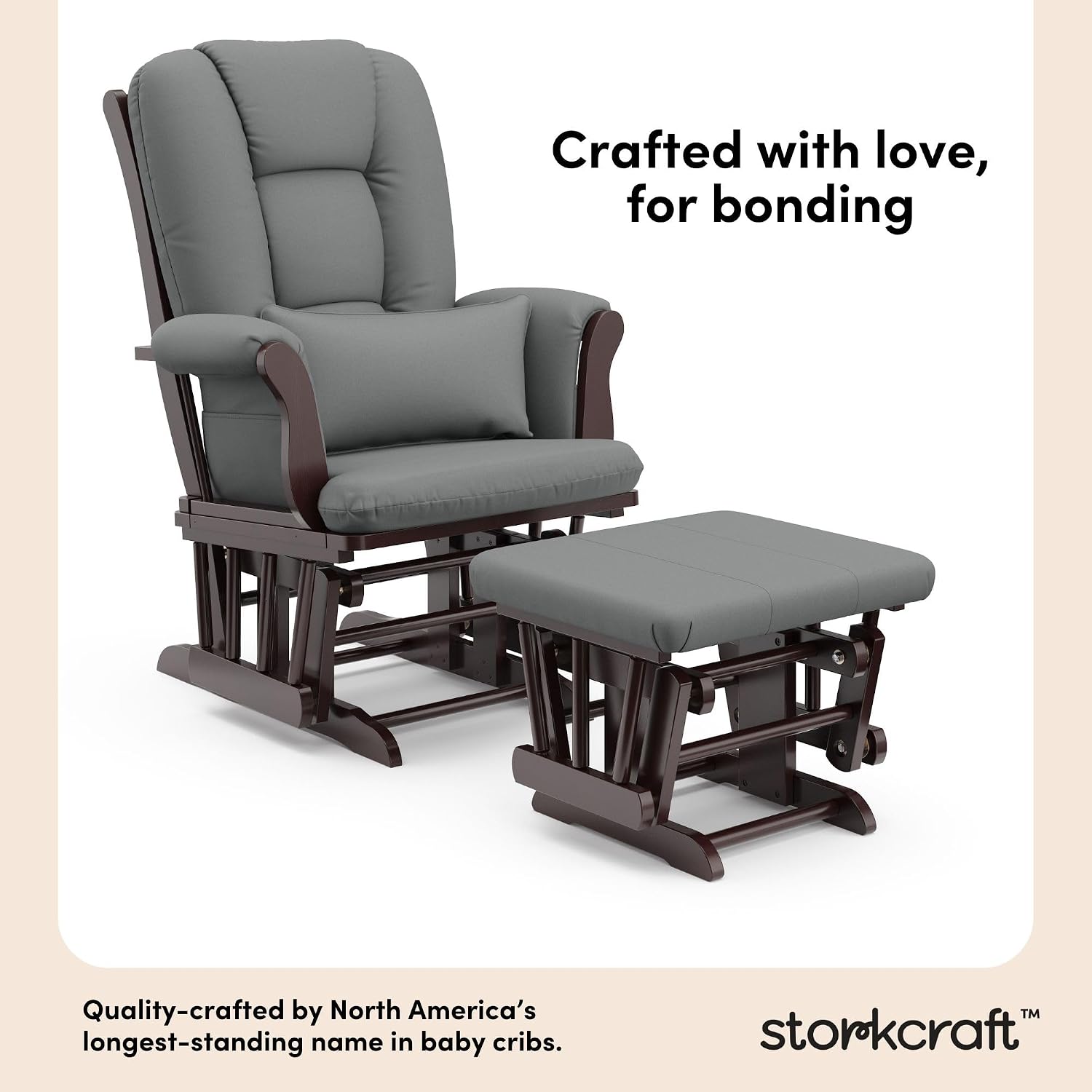 Storkcraft Tuscany Glider and Ottoman with Lumbar Pillow, Espresso/Gray | GREENGUARD Gold Certified, Bonus Lumbar Cushion Included, Solid Wood Base, Smooth Motion, Award-Winning Nursery Rocking Chair