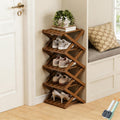 No-Assembly Bamboo Shoes Rack, Foldable Vertical Corner Shoe Organizer, Multifunctional Narrow Shoe Shelf for Entryway, Closet, Bedroom, Hallway (Brown, 5-Tier)