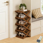 No-Assembly Bamboo Shoes Rack, Foldable Vertical Corner Shoe Organizer, Multifunctional Narrow Shoe Shelf for Entryway, Closet, Bedroom, Hallway (Brown, 5-Tier)