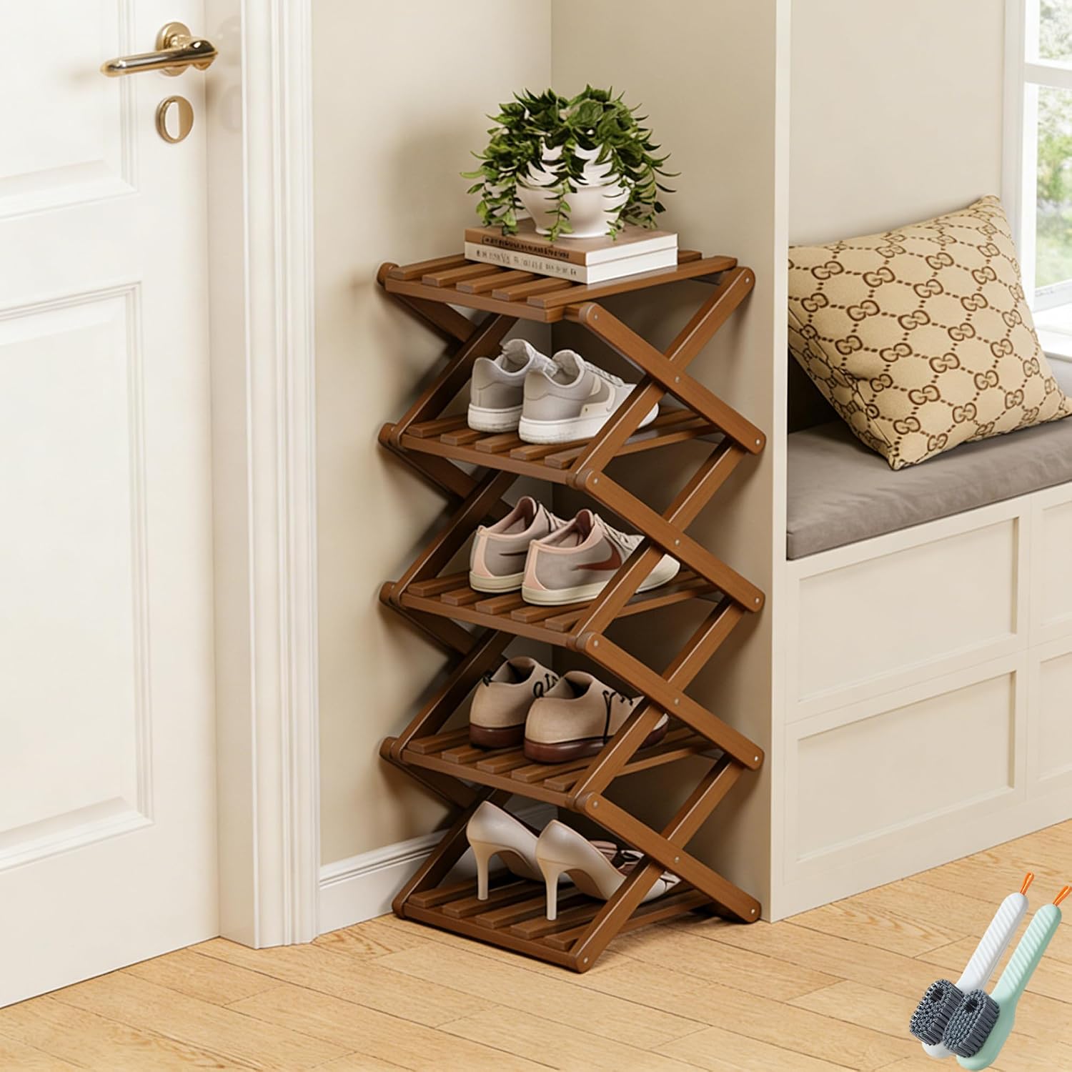 No-Assembly Bamboo Shoes Rack, Foldable Vertical Corner Shoe Organizer, Multifunctional Narrow Shoe Shelf for Entryway, Closet, Bedroom, Hallway (Brown, 5-Tier)