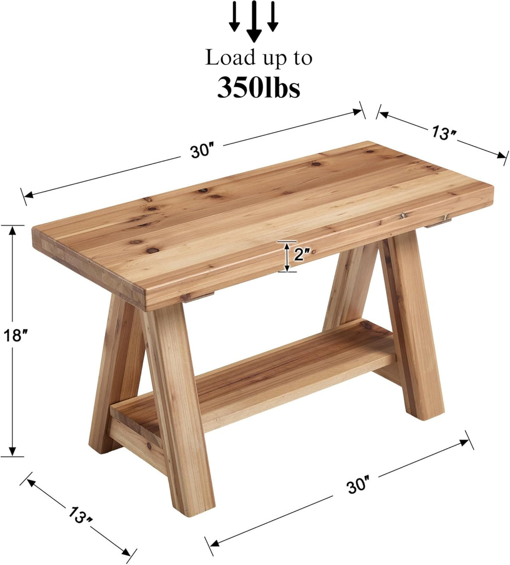 30" Entryway Bench with Storage Farmhouse Narrow Dining Bench Shoe Rack Small Wooden Benches Holds up to 300lbs for Hallway Living Room Dining Room Bedroom，2 Tiers, Natural