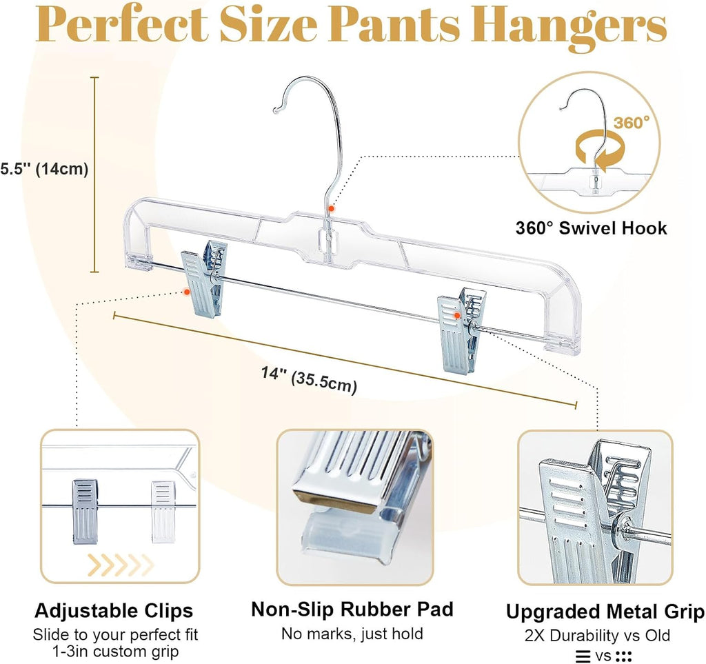 HOUSE DAY 200 Pack Pants Hangers with Adjustable Clips and 360° Swivel Hook, Non-Slip Clear Plastic Skirt Hangers for Pants, Jeans, Skirts, Trousers, Bulk Hangers for Closet Organization