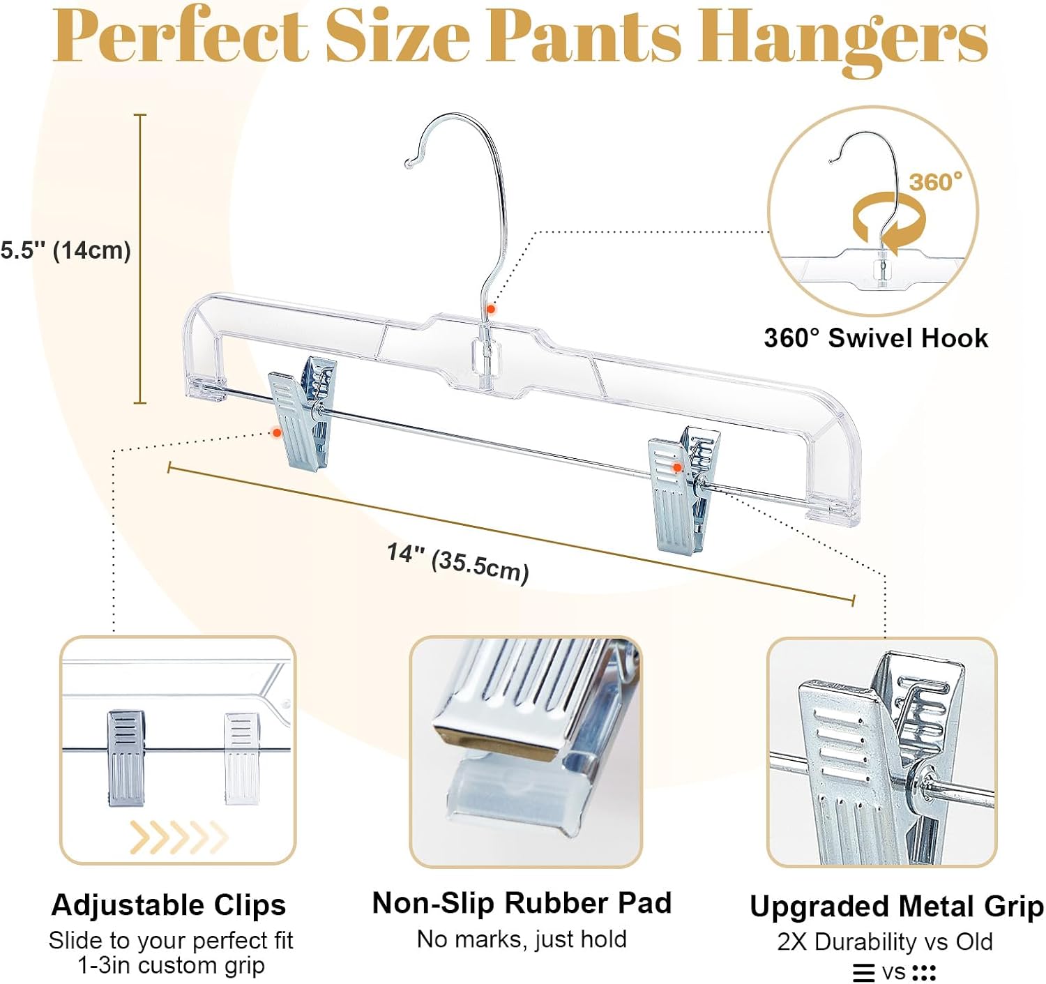 HOUSE DAY 200 Pack Pants Hangers with Adjustable Clips and 360° Swivel Hook, Non-Slip Clear Plastic Skirt Hangers for Pants, Jeans, Skirts, Trousers, Bulk Hangers for Closet Organization