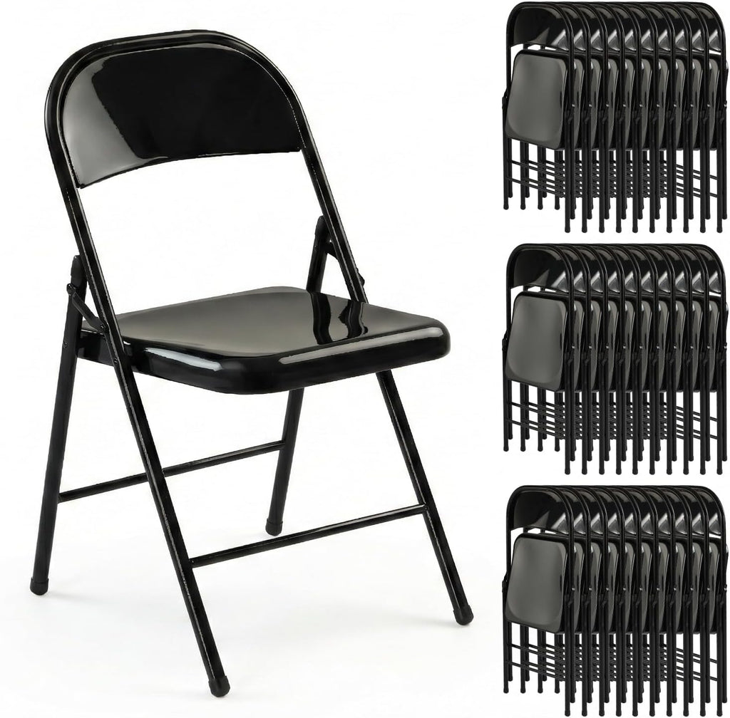 Metal Folding Chairs 30 Pack All Steel Metal Frame Portable Commercial-Grade Foldable Chair with Double Hinged for Office Wedding Party Patio Dinning Events,Onyx Black