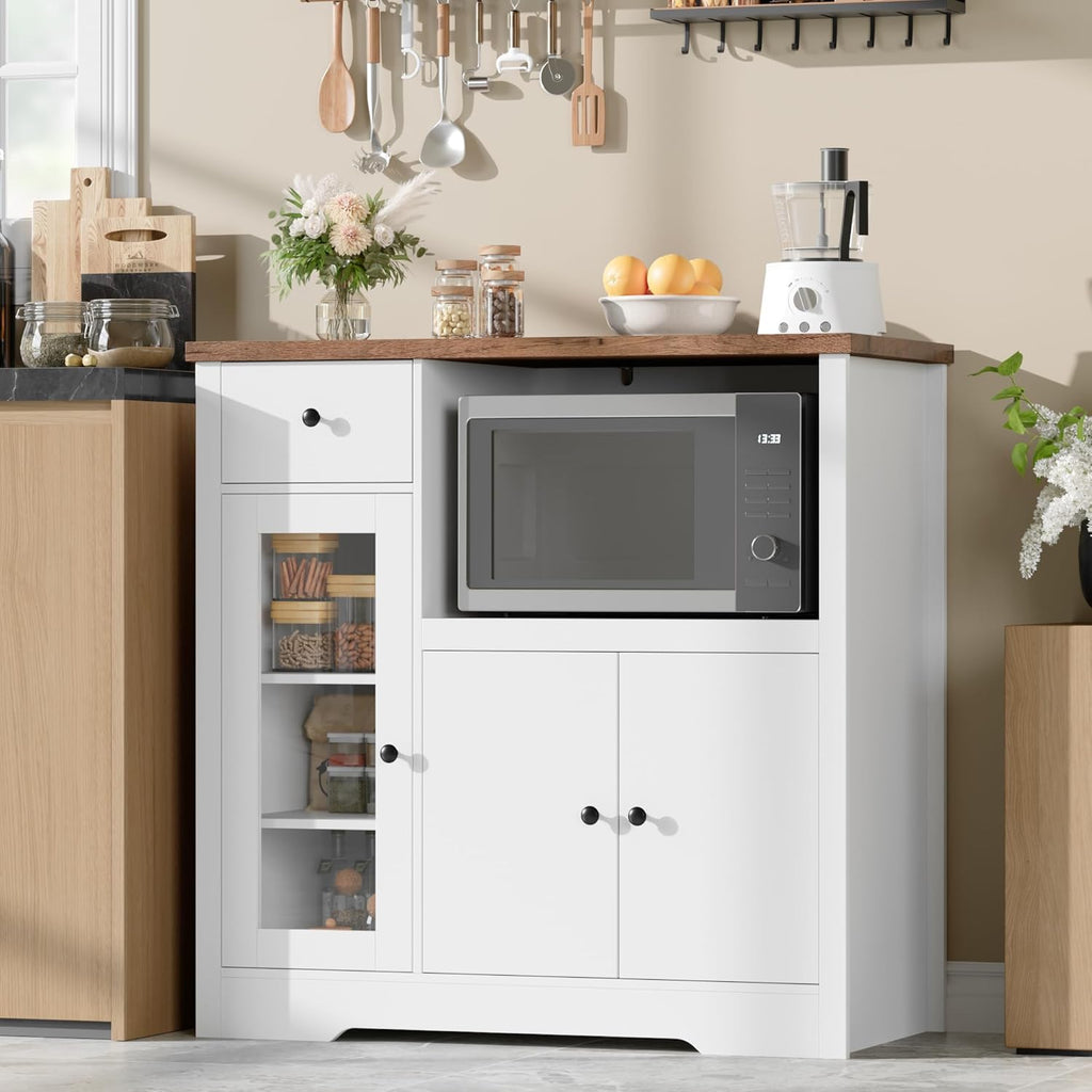 GarveeHome Kitchen Microwave Cabinet with Storage and Drawers, Modern Small Buffet Cabinet with Glass Doors and Adjustable Shelf, Wooden Sideboard with Wide Top for Dining Room, Living Room, White
