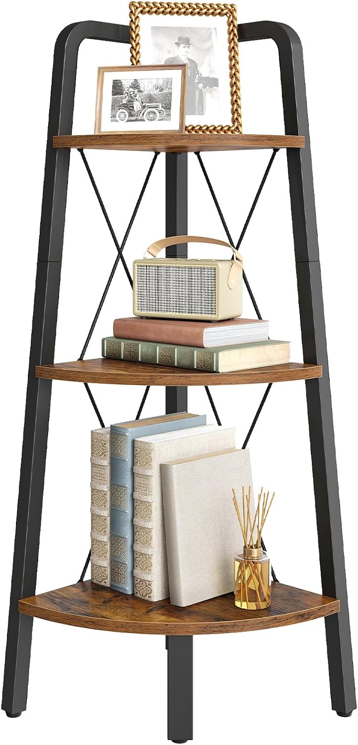 HOOBRO Corner Shelf, 3-Tier Corner Shelf Stand, 40” Tall Ladder Bookshelf, Industrial Corner Display Shelf Plant Stand for Living Room, Kitchen, Home Office, Rustic Brown BF143CJ01