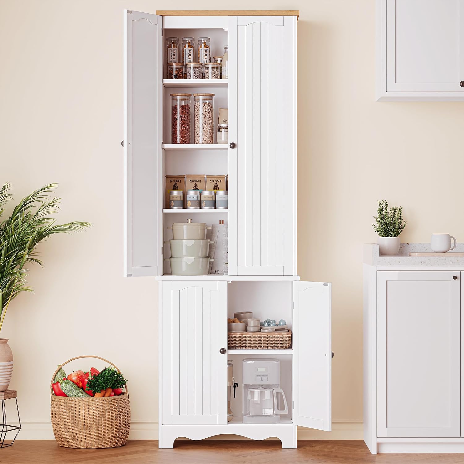 72'' Tall Kitchen Pantry Cabinet, Kitchen Storage Cabinets with 4 Doors and 5 Shelves, Wooden Food Pantry Farmhouse Cupboard Buffet for Dining Living Room, White