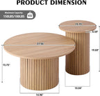 Round Nesting Coffee Table Set of 2, Modern Fluted Wood Side Tables for Small Spaces, Living Room, Bedroom, Balcony, or Office(Natural)
