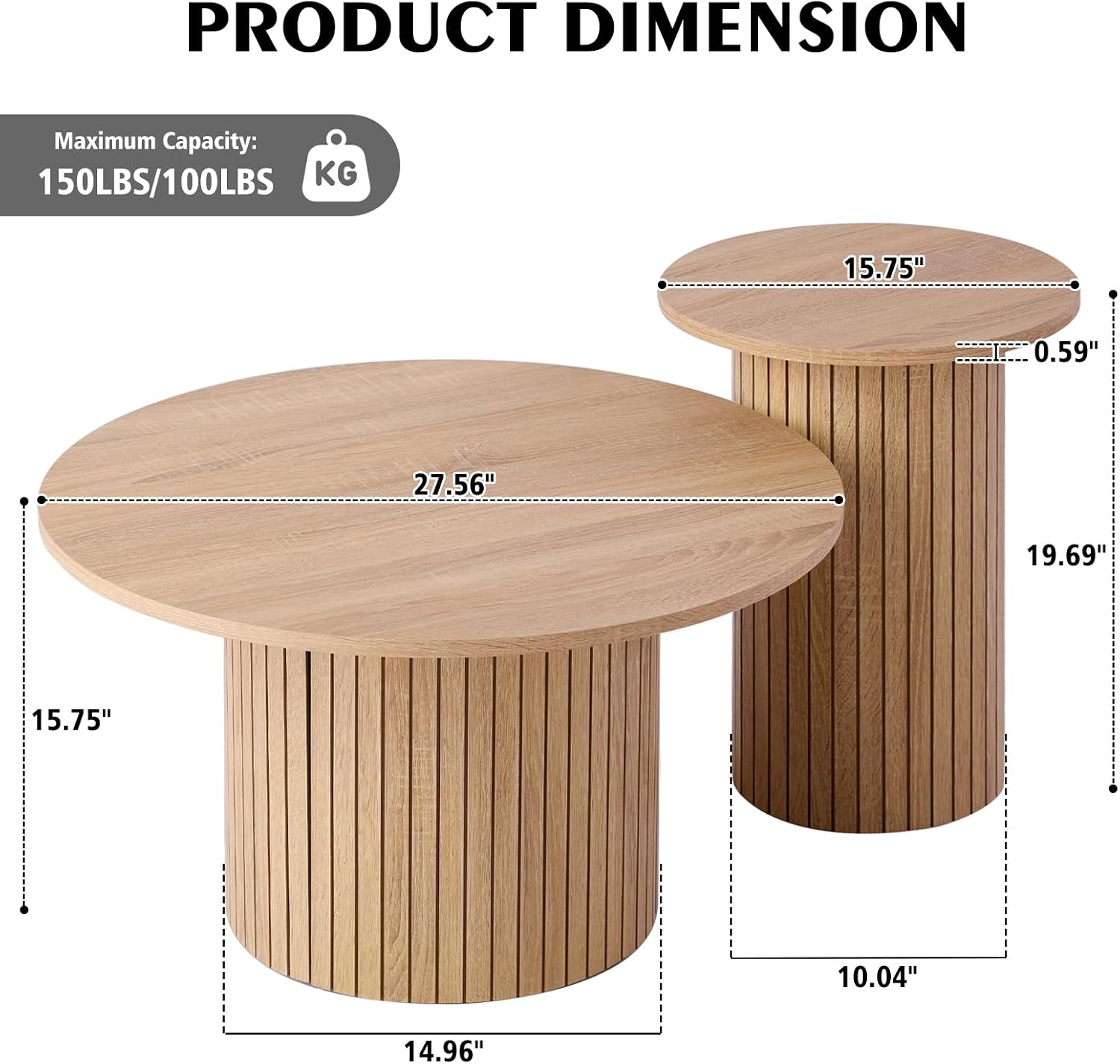 Round Nesting Coffee Table Set of 2, Modern Fluted Wood Side Tables for Small Spaces, Living Room, Bedroom, Balcony, or Office(Natural)