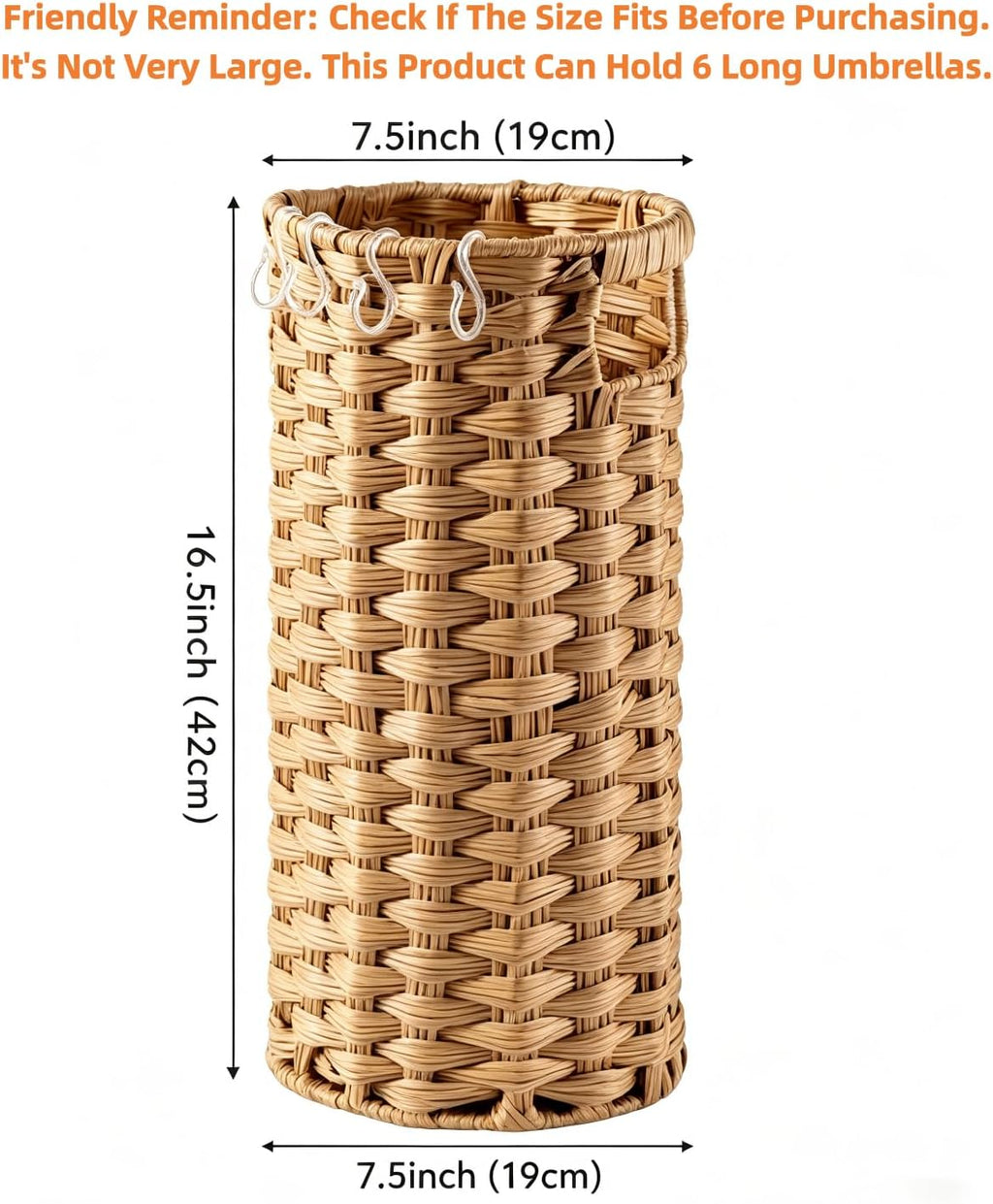 Rattan Umbrella Stand for Entryway,Hand-Woven Umbrella Holder Indoor with Doormat, Removable Drip Tray & 4 Hooks,Waterproof Umbrella Storage Basket