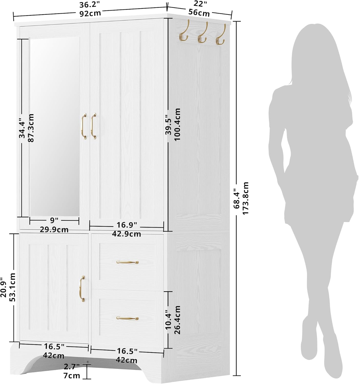 LIKIMIO Armoire Wardrobe with Mirror, 3-Door Hanging Rod & Drawers | 3-door armoire with mirror. Hanging rod, 2 drawers, 4 hooks. P2 MDF, anti-tip.