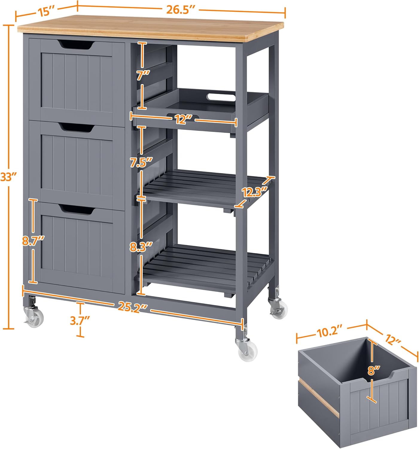 Yaheetech Kitchen Island Cart on Wheels, Rolling Storage Cart with Bamboo Countertop, 3 Drawers, 3 Removable Shelves & Lockable Casters for Dining Room, Bar, Dark Gray