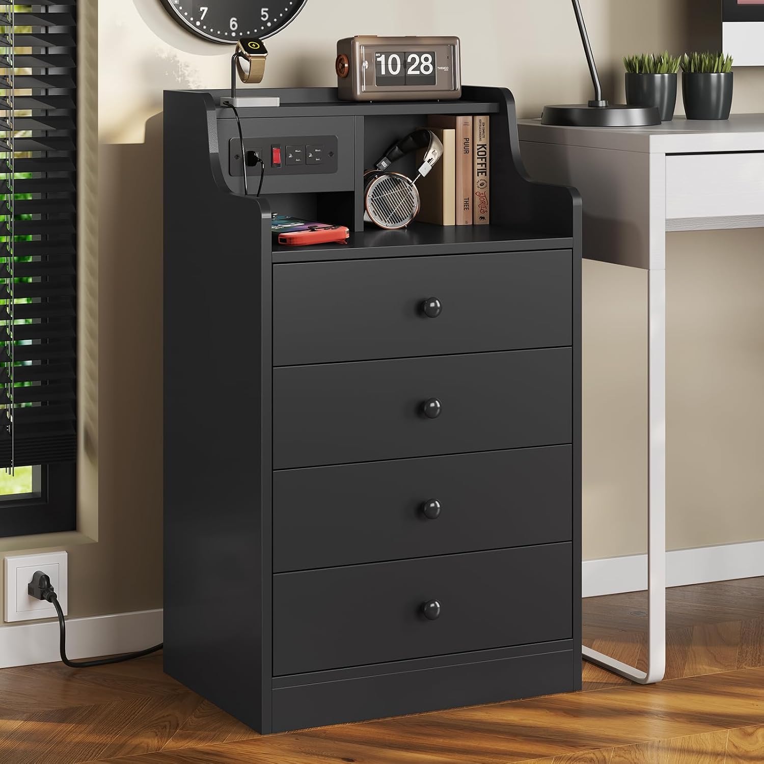 ADORNEVE Nightstand with Charging Station & Hutch,Black | Tall Bedside Table with 4 Drawers,Charging Night Table,Night Stand for Bedroom,Bed Side Tables
