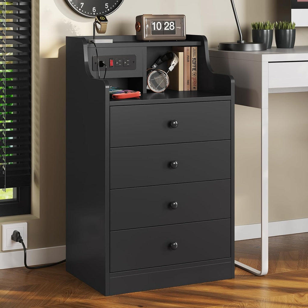 ADORNEVE Black Nightstand Set of 2,Bedside Table with 4 Drawers | Night Stand with Charging Station & Hutch,Large Nightstands Set of 2,Night Stands for Bedrooms,Side Tables Bedroom