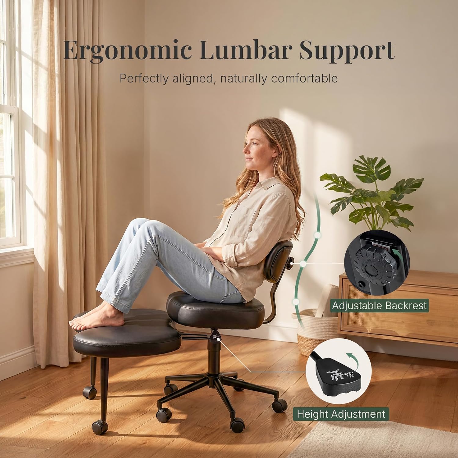 Ergonomic Cross Legged Office Chair with Adjustable Backrest and Seat, 360° Swivel Meditation PU Leather Yoga Stool Desk Chair for ADHD with Footrest, 350lbs Capacity, Black