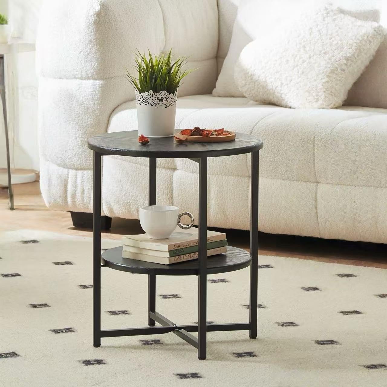 Round Wooden Tray Side Table, Foldable Metal Frame Coffee Table, Snack Tray, Living Room Coffee Table, Suitable for Bedrooms, Studies, Living Rooms and Terraces, 22" W x 22" D x 26" H (Black)