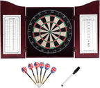 GSE Pro Solid Wood Classic Dartboard Cabinet Set, Deluxe Cherry | 18" Self-Healing Sisal/Bristle Dartboard, Scoreboard & 6 Steel Tip Darts, Complete with All Accessories, 3.5"D x 22"W x 25"H