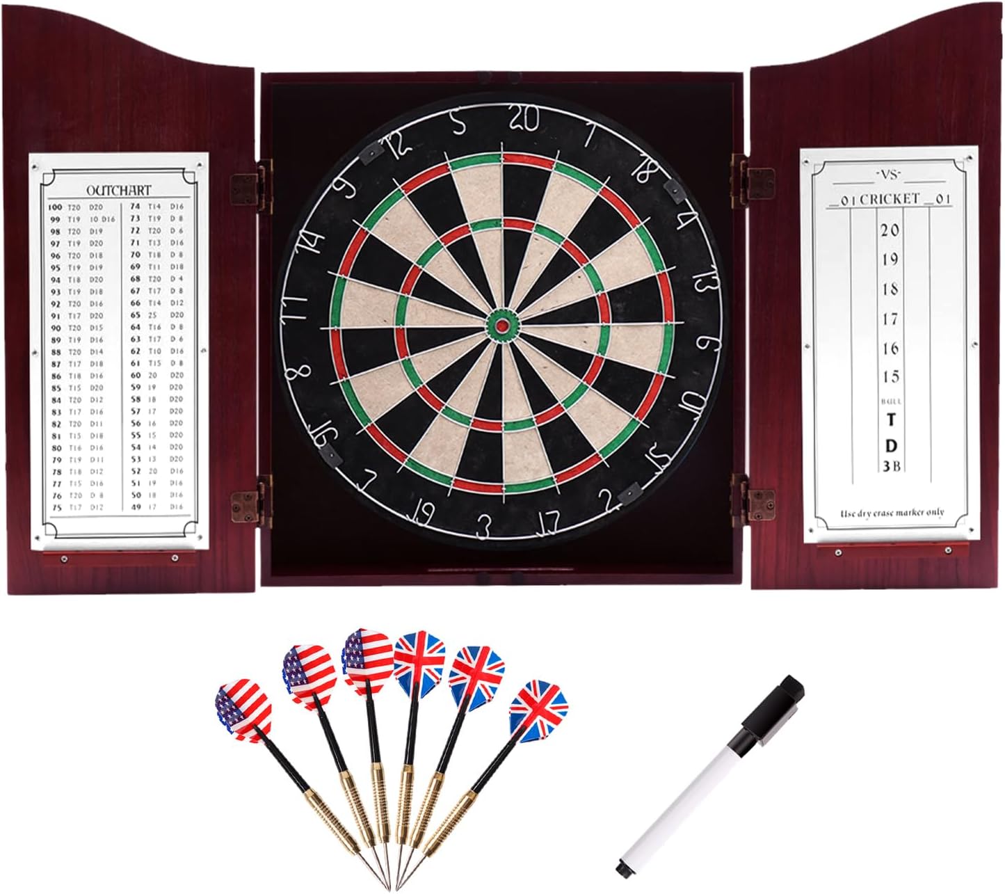 GSE Pro Solid Wood Classic Dartboard Cabinet Set, Deluxe Cherry | 18" Self-Healing Sisal/Bristle Dartboard, Scoreboard & 6 Steel Tip Darts, Complete with All Accessories, 3.5"D x 22"W x 25"H