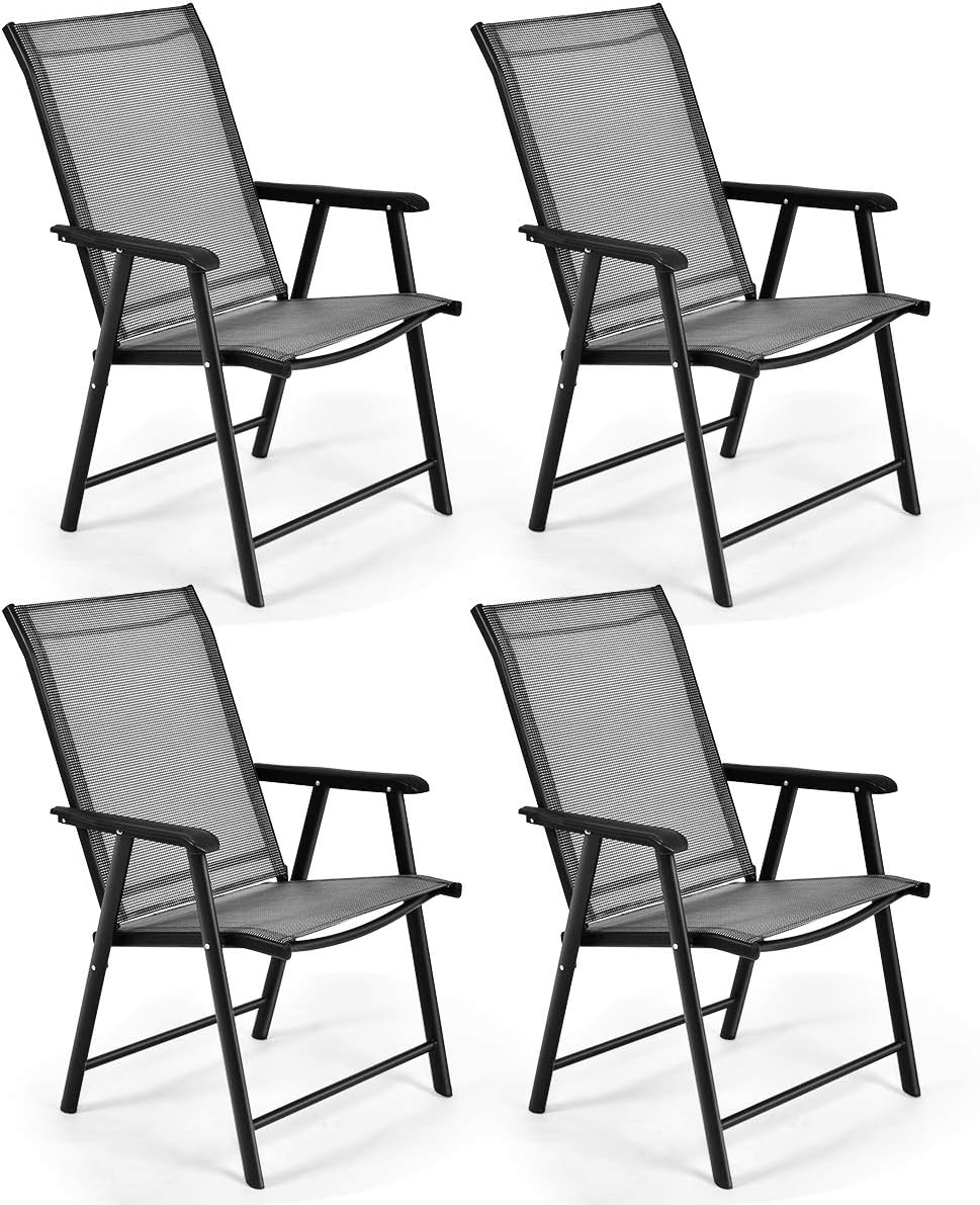 S AFSTAR Patio Chairs Set of 4, Outdoor Folding Dining Chairs with Armrests, Foldable Porch Chairs for Lawn Deck Backyard, Folding Chairs for Adults (Gray)