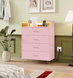 Jojoka 4 Drawer Dresser with RGB LED Light & Charging Station - Modern Chest of Drawers with App Control - Tall Wooden Dressers Chest, Closet for Bedroom, Living Room, Entryway, Hallway – Rose