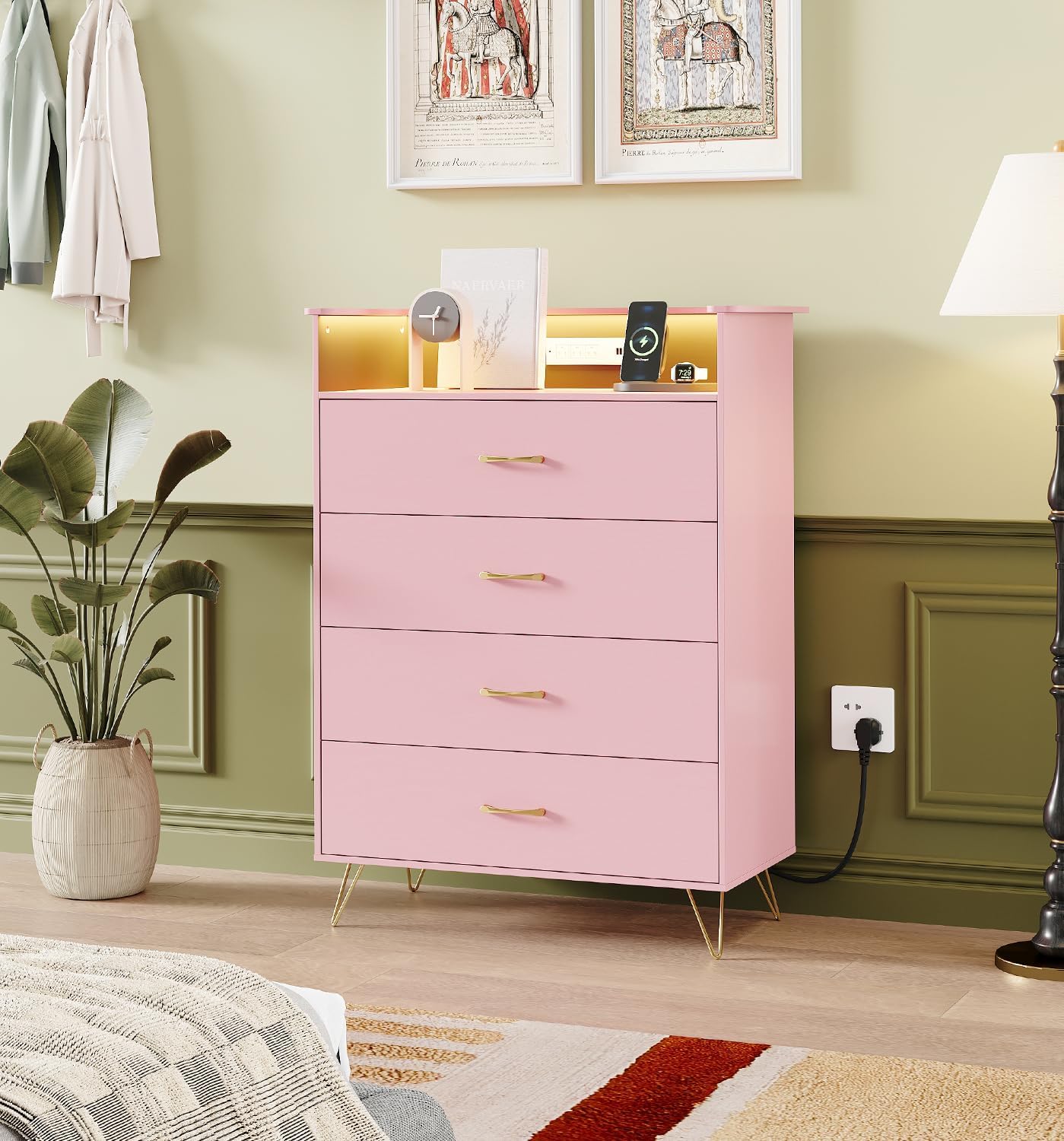 Jojoka 4 Drawer Dresser with RGB LED Light & Charging Station - Modern Chest of Drawers with App Control - Tall Wooden Dressers Chest, Closet for Bedroom, Living Room, Entryway, Hallway – Rose