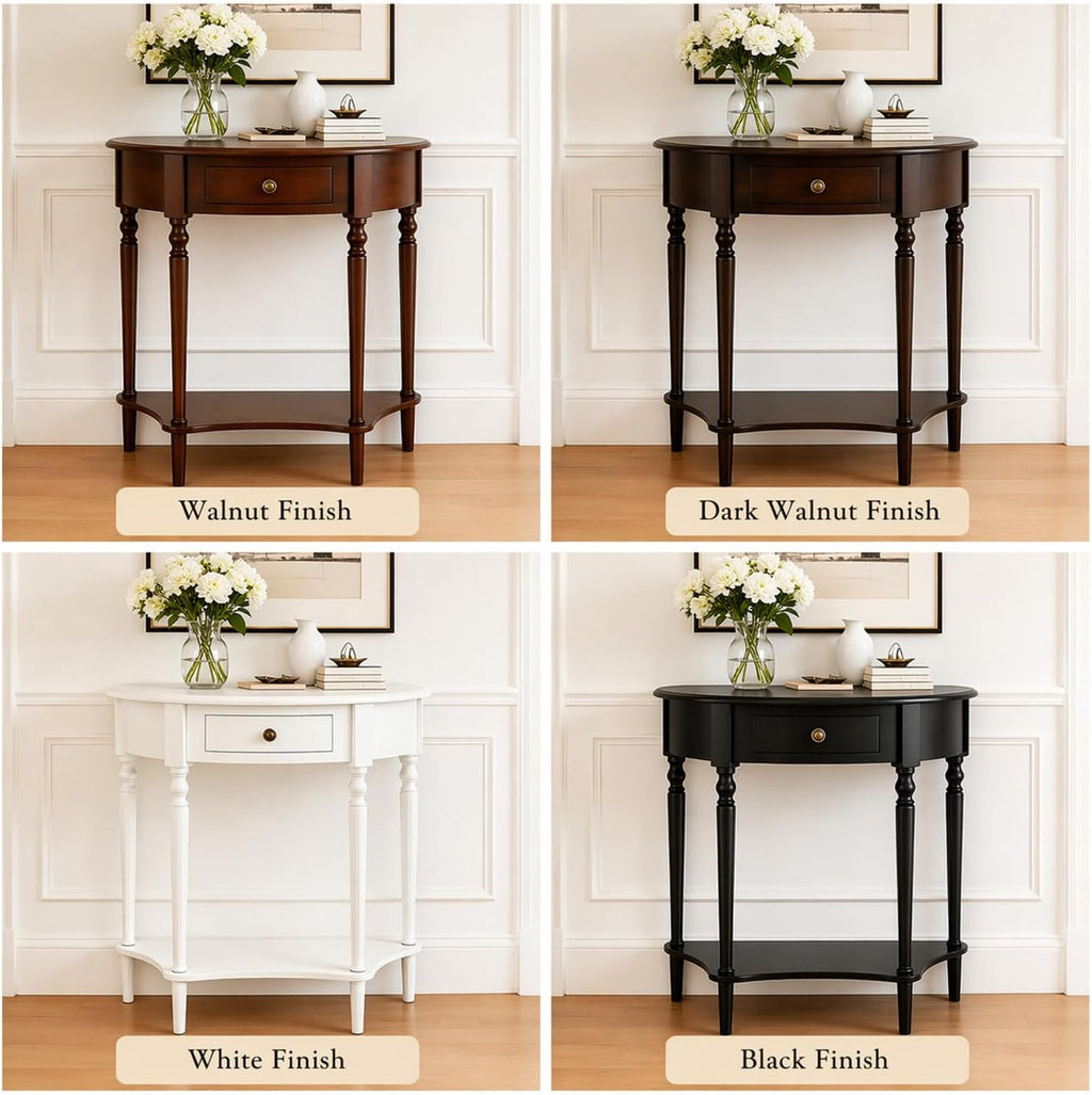 Half Moon Console Table with Drawer & Shelf, Half Round Wood Entryway Table, Narrow Small Console Table for Hallway, Foyer, Living Room & Small Spaces, （Dark Walnut 23.6IN）