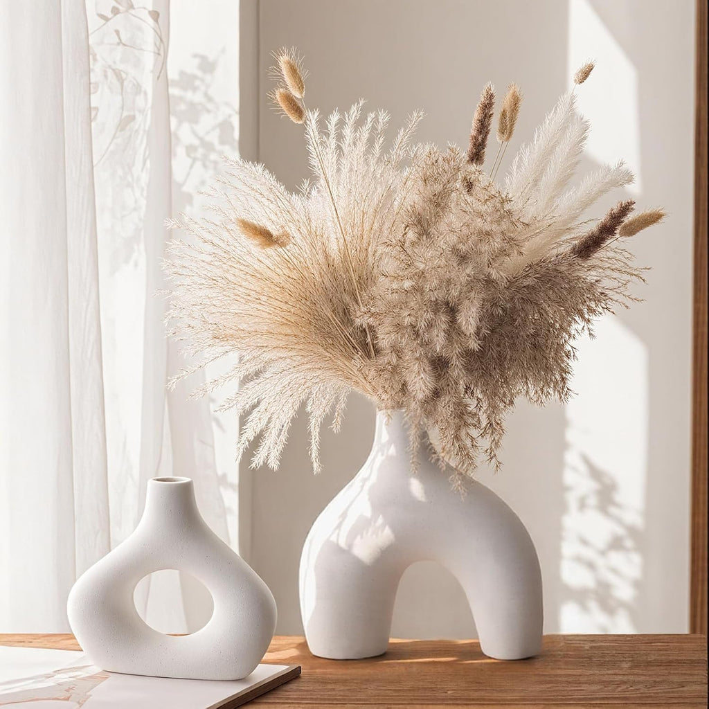 White Ceramic Vase Set of 2, Minimalist Hollow Donut Vases for Pampas Grass, Dried Flowers, Table, Countertops, Boho Modern Decorative Vase for Home Decor, Living Room, Bedroom, Farmhouse
