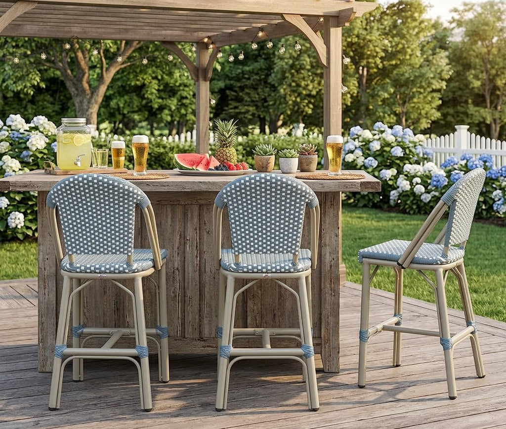 PURPLE LEAF Oversized Outdoor Counter Height Bar Stools Set of 2 26" French Bar Height Stool Bamboo Print Finish Patio Bar Stools with Back Rattan for Garden Kitchen, Light Blue
