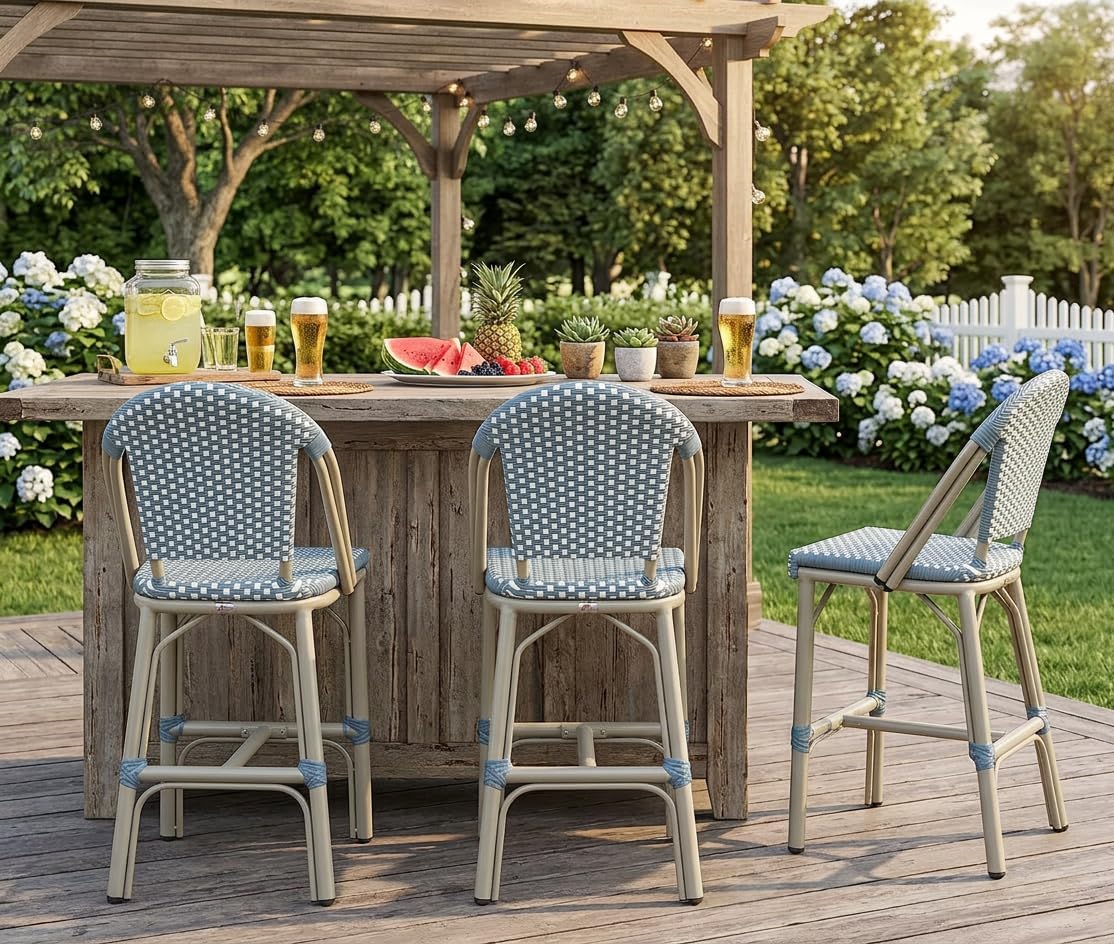 PURPLE LEAF Oversized Outdoor Counter Height Bar Stools Set of 2 26" French Bar Height Stool Bamboo Print Finish Patio Bar Stools with Back Rattan for Garden Kitchen, Light Blue