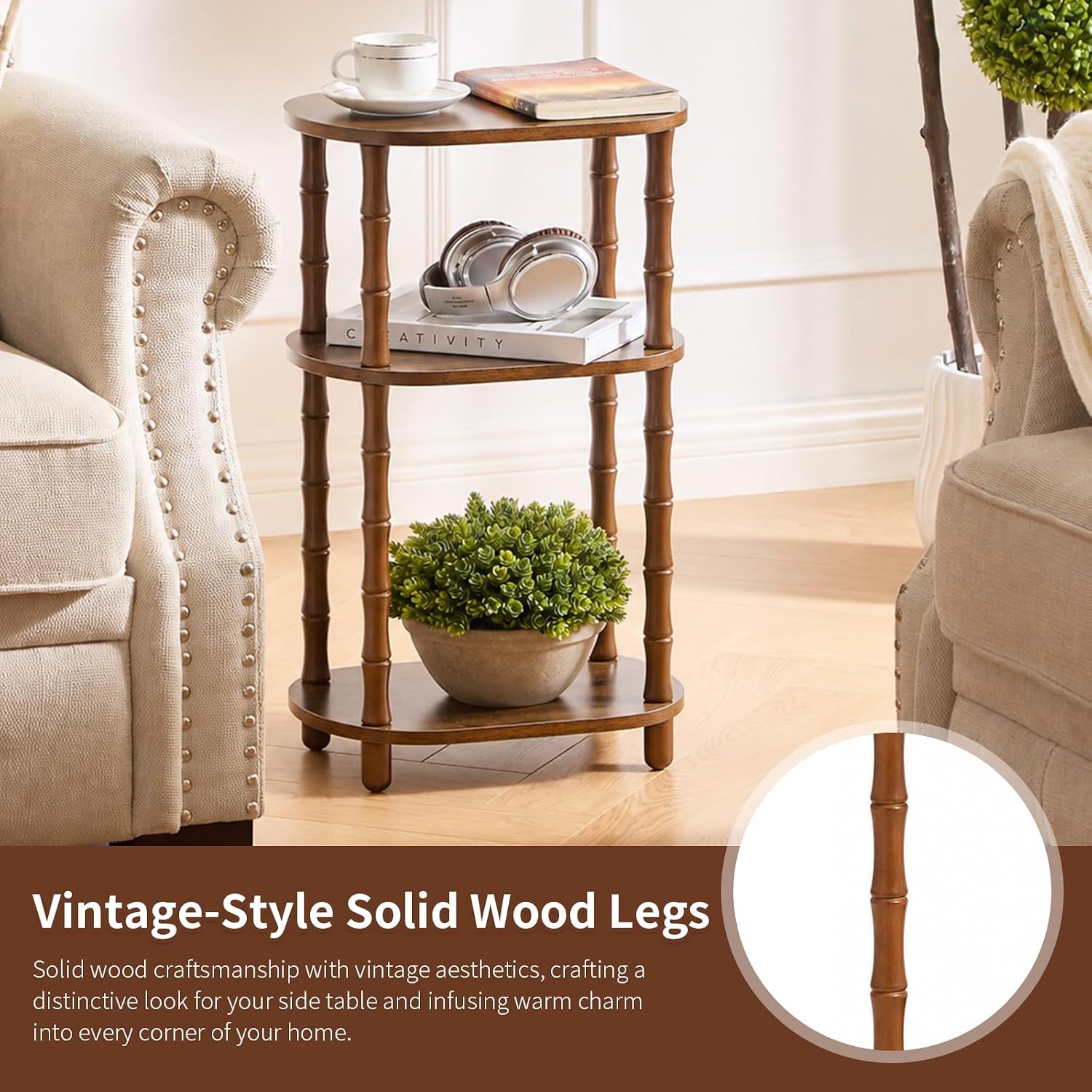 Narrow Side Table with Storage, 3-Tier End Table Skinny Nightstand for Bedroom, Living Room Small Space, Rustic Brown