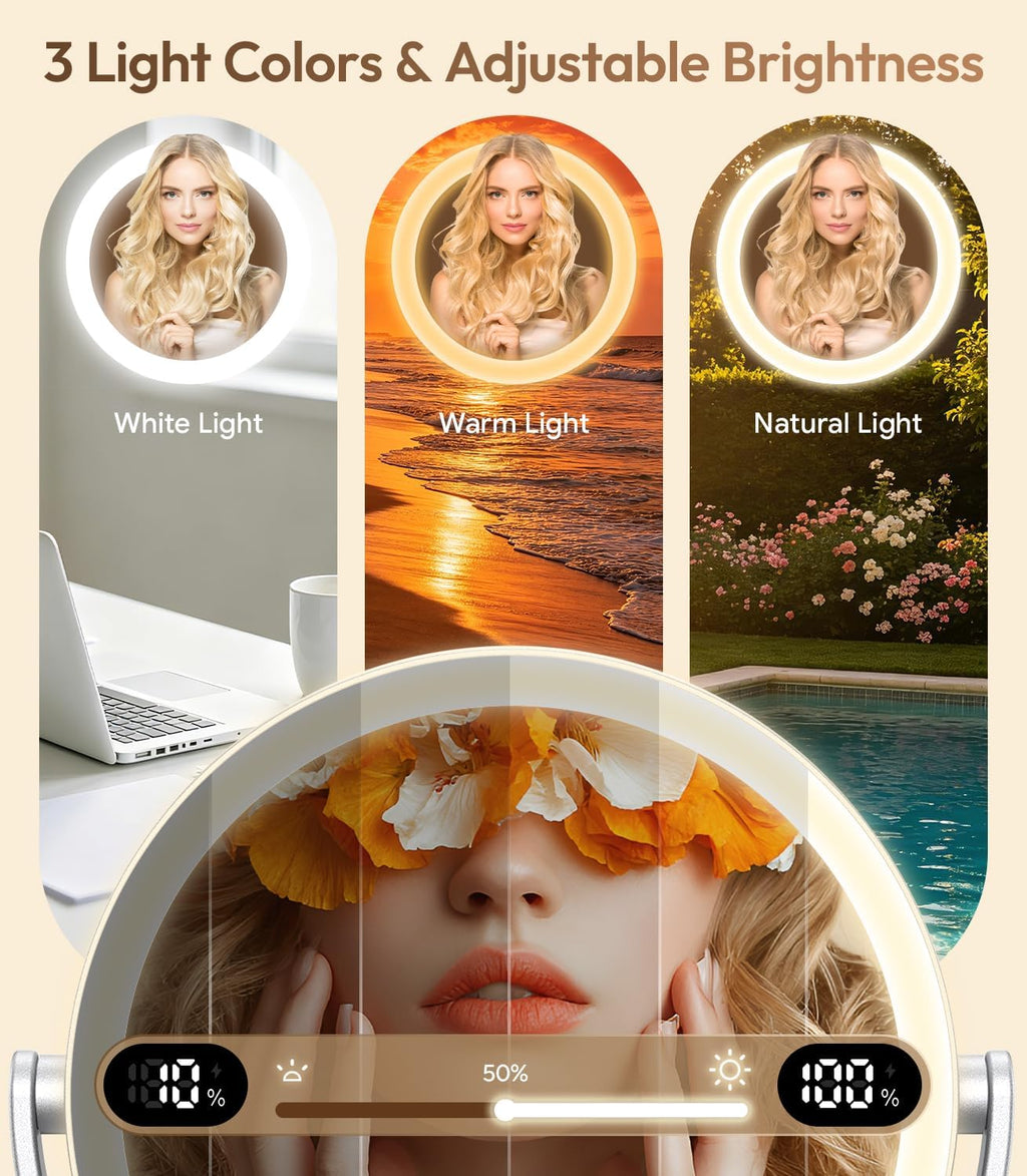 7" ABS Lighted Makeup Mirror with Lights, 1X/20X Magnifying Mirror with Light and Digital Display, 2.6in Height Adjustable, Rechargeable, 3 Color Modes for Makeup & Shaving, Easy to Detach, Women Gift