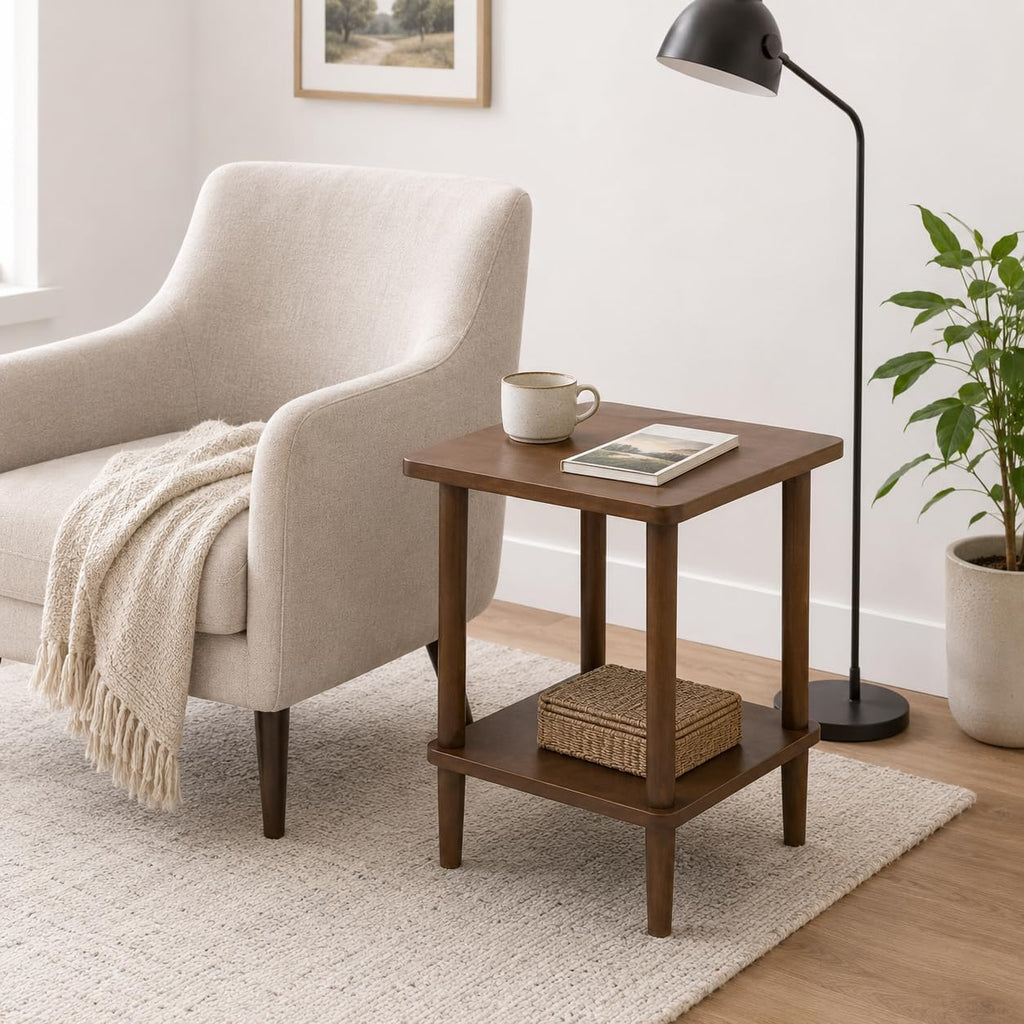Solid Wood End Table, 2-Tier Side Table with Storage Shelf, Rubber Wood Nightstand for Living Room and Bedroom, Walnut Brown