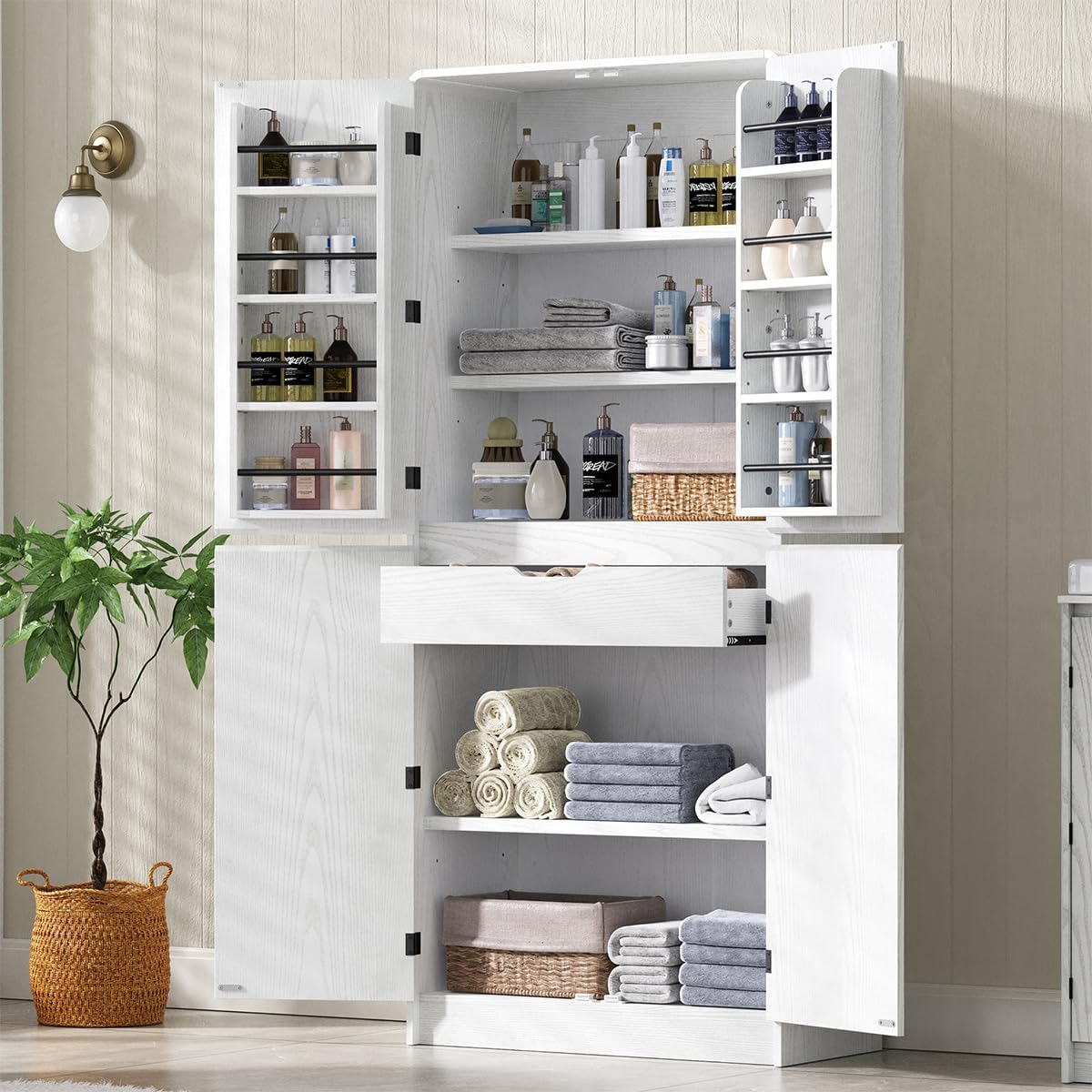 72" Tall Farmhouse Kitchen Pantry Cabinet with 8 Door Shelves, Curved Storage Cabinet with 3 Adjustable Shelves & Hidden Drawer, Versatile Cupboard for Kitchen, Dining & Bathroom (White)