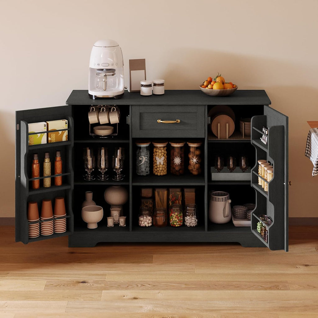 Gizoon 45" Coffee Bar Cabinet with Door and Shelves Kitchen Hutch with Countertop, Kitchen Buffer Cabinet with Storage for Bedroom and Living Room, Black