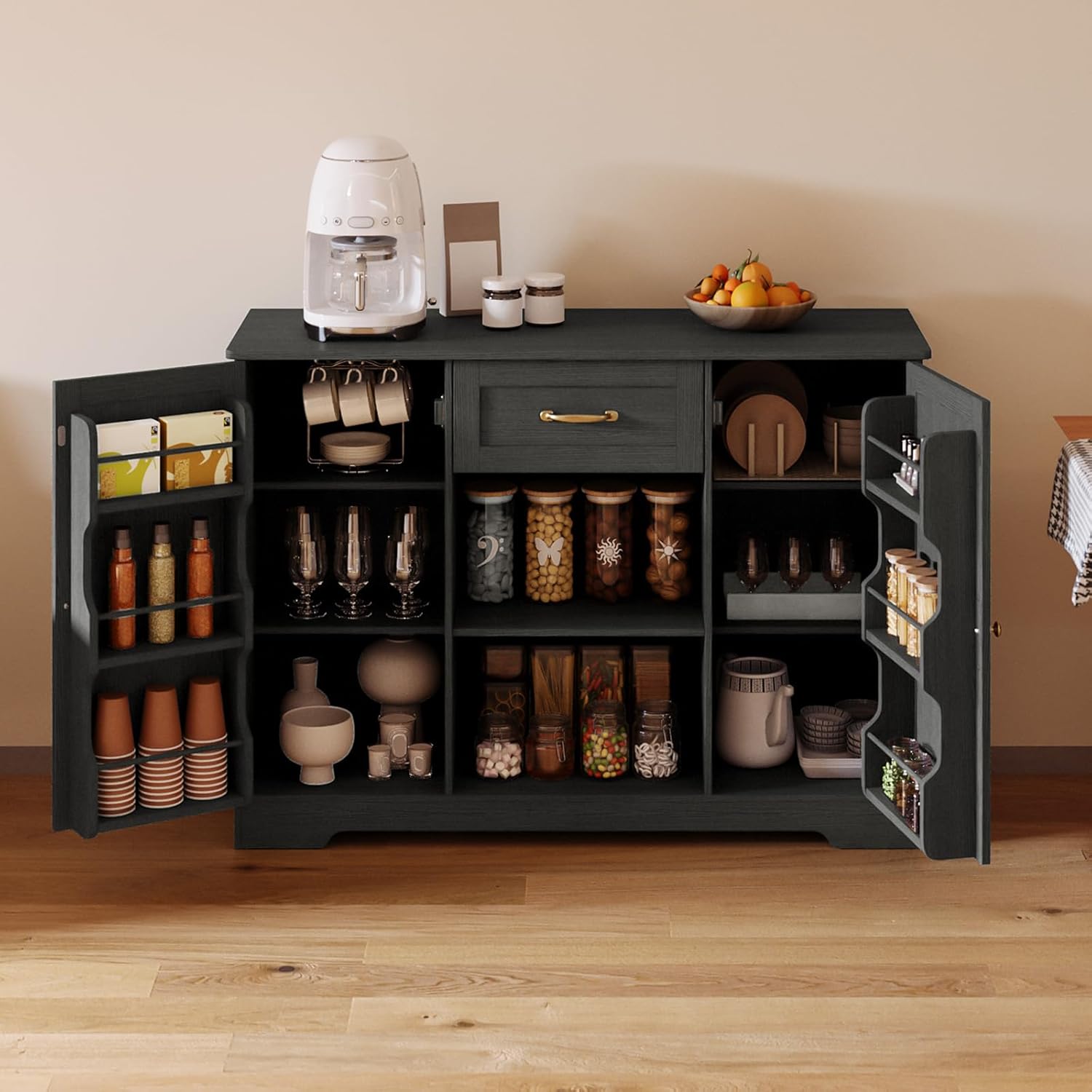Gizoon 45" Coffee Bar Cabinet with Door and Shelves Kitchen Hutch with Countertop, Kitchen Buffer Cabinet with Storage for Bedroom and Living Room, Black