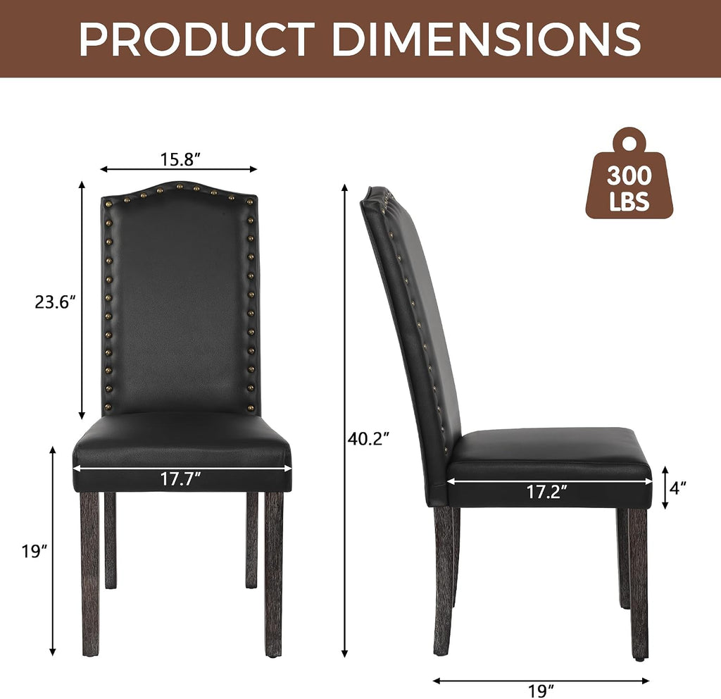 LSSPAID Dining Chairs Set of 6, Modern PU Leather Upholstered Parsons Dining Room Chairs with Bronze Nail Head Trim and Brushed Solid Wood Legs, Black
