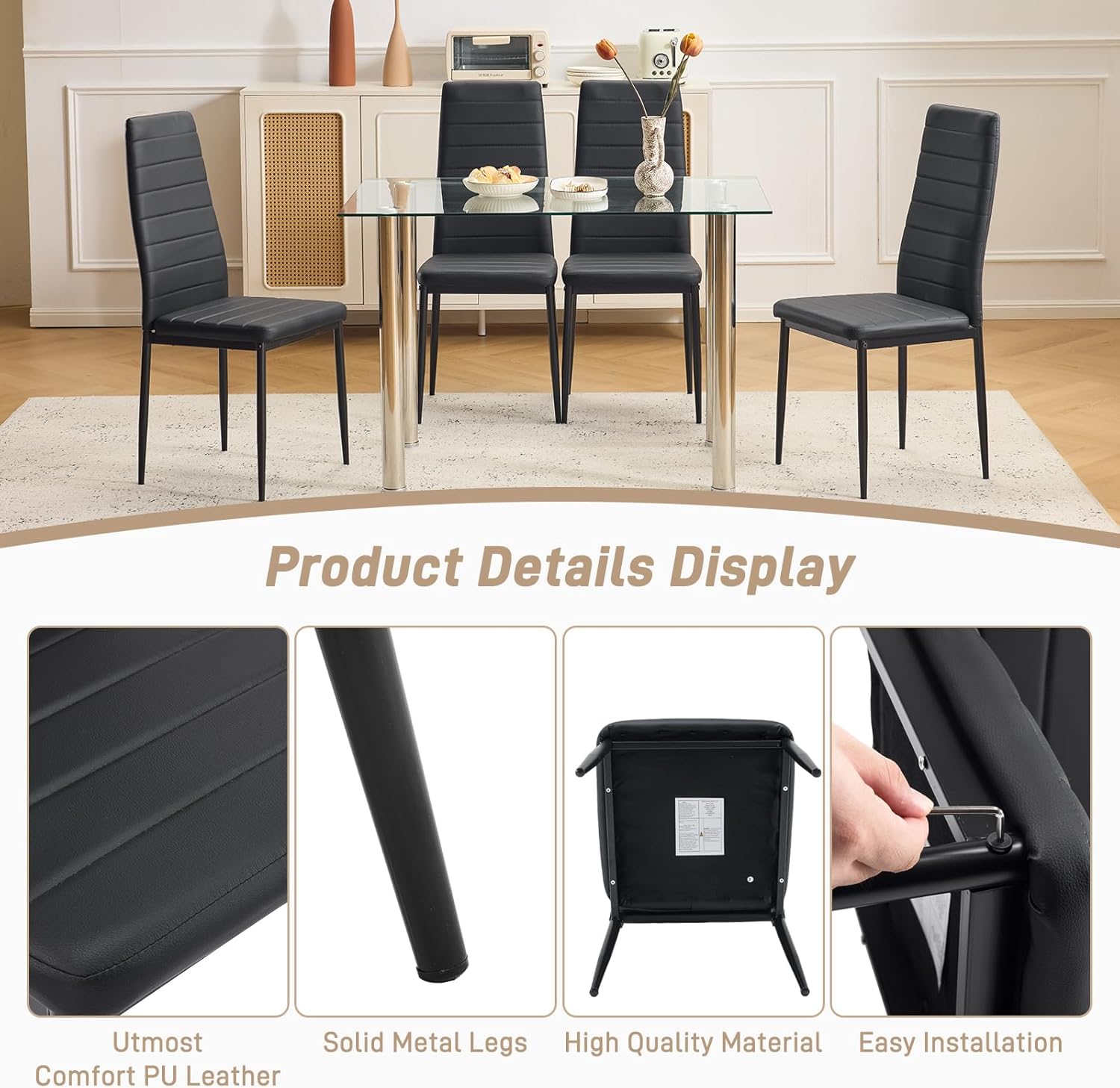 Karl home Dining Chairs Set of 4, PU Leather Balck Kitchen Chairs with Padded High Back & Foot Cap Protection for Dining Kitchen Living Room,300lbs Capacity,Space-Saving