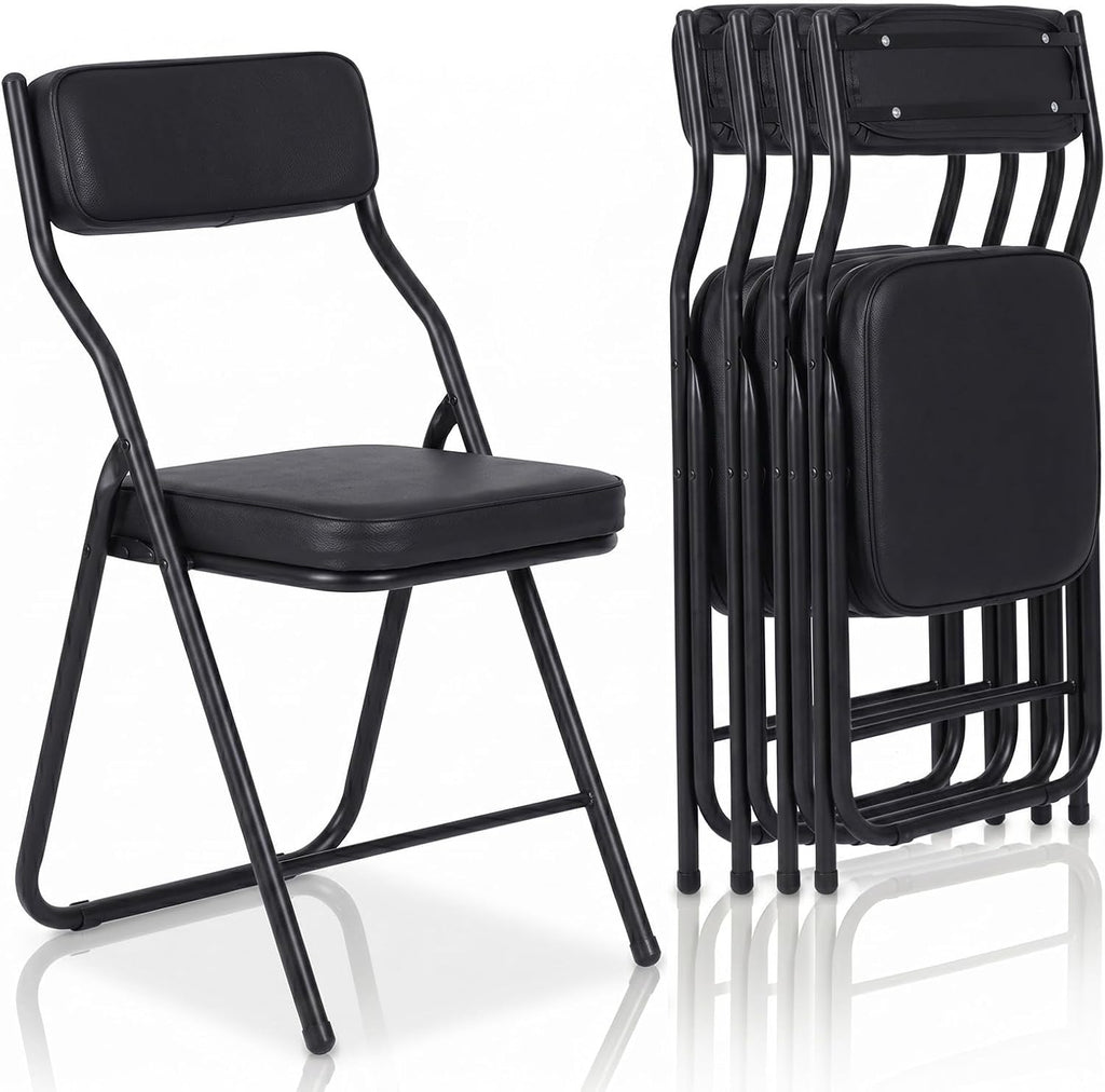 4 Pack Padded Folding Chairs, Foldable Chairs with Thick Cushion & Backrest, 350 lbs Portable Folding Chairs with Steel Frame for Dining Office Party Wedding Indoor Outdoor, Black