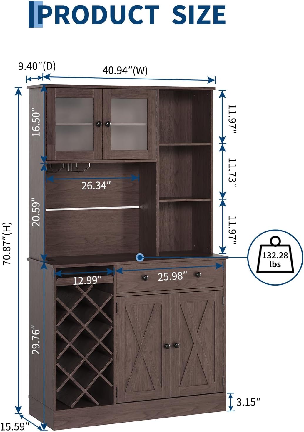 72" Tall Kitchen Pantry Cabinet with Power Outlet & Wine Rack - Farmhouse Sliding Barn Door Coffee Bar Cabinet with Storage Drawers & Adjustable Shelves, Sideboard Buffet for Dining Room, Home Bar