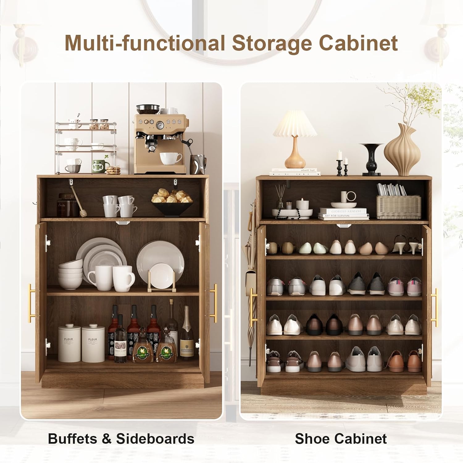 HOKYHOKY Rattan Shoe Storage Cabinet with 2 Arched Doors, 5-Tier Deep Shoe Organizer with Adjustable Shelves, Farmhouse Boho Shoe Rack Cabinet for Entryway,Rustic Oak