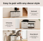 39" Shoe Storage Bench with Padded Seat Cushion & Lift Top Storage Box & 2 Flip Drawers, Small Entryway Shoe Rack Bench with 2 Doors and Adjustable Shelf, Shoes Cabinet for Hallway, Living Room, White