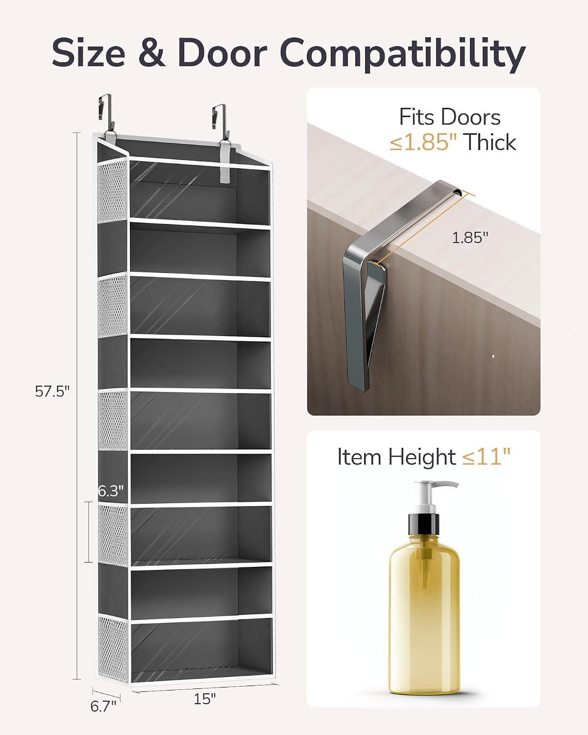 ULG 1-Pack Over Door Organizer with 5 Large Pockets 10 Mesh Side Pockets, 44 lbs Weight Capacity Hanging Storage Organizer with Clear Window for Bedroom Bathroom, RV, Clear Dark Grey