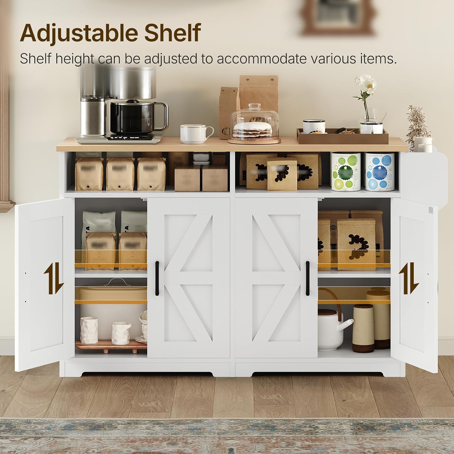 YATINEY Coffee Bar Cabinet, Kitchen Island with Storage, Farmhouse Sideboard Buffet Cabinet with Dual-Purpose Floating Shelf and Hooks, for Restaurant, Living Room, White and Natural KF32WN