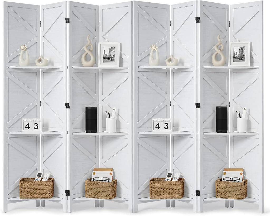 Modern Room Divider with Shelves, White X-Shape Design Folding Partition, 8-Panel Contemporary Freestanding Divider for Bedroom&Office, 67" H x 125.6" W(Two Independent 4-Panel partitions)
