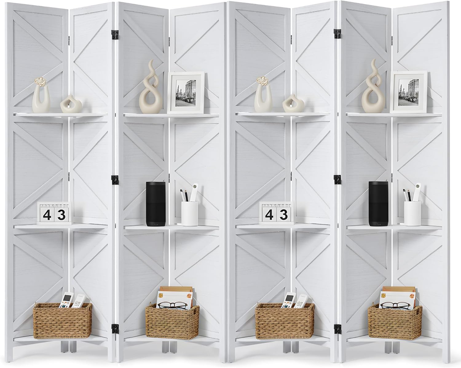 Modern Room Divider with Shelves, White X-Shape Design Folding Partition, 8-Panel Contemporary Freestanding Divider for Bedroom&Office, 67" H x 125.6" W(Two Independent 4-Panel partitions)