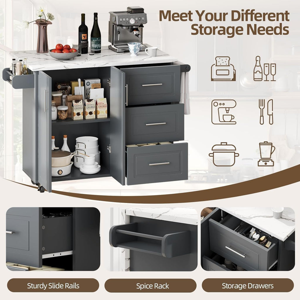 4 EVER WINNER Kitchen Island on Wheels with Storage and Drop Leaf, Faux Marble Texture Tabletop, 43" Kitchen Island Cart with Towel Rack & Spice Rack, Rolling Islands Cart for Kitchen, Gray