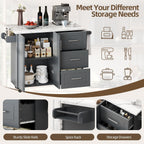 4 EVER WINNER Kitchen Island on Wheels with Storage and Drop Leaf, Faux Marble Texture Tabletop, 43" Kitchen Island Cart with Towel Rack & Spice Rack, Rolling Islands Cart for Kitchen, Gray