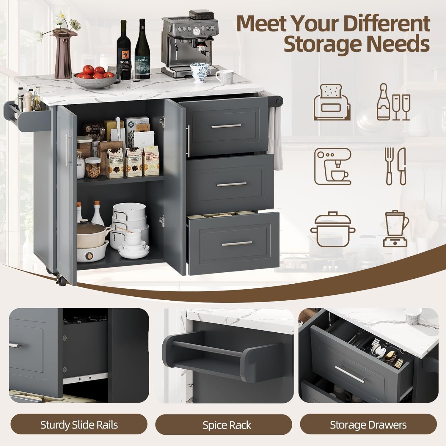 4 EVER WINNER Kitchen Island on Wheels with Storage and Drop Leaf, Faux Marble Texture Tabletop, 43" Kitchen Island Cart with Towel Rack & Spice Rack, Rolling Islands Cart for Kitchen, Gray