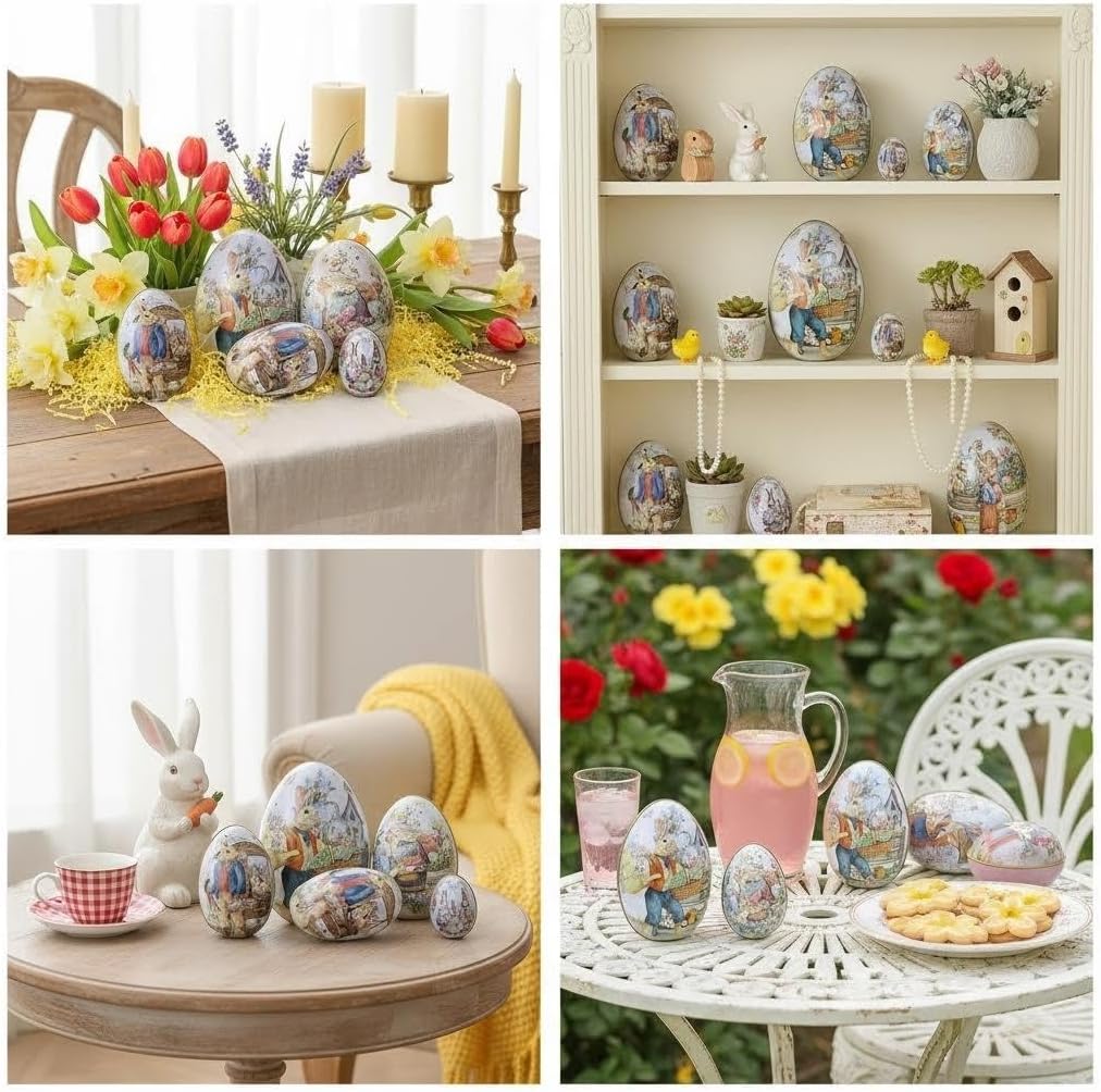 Vintage Easter Egg Tin Box (Style C), Metal Rabbit Easter Egg Containers for Candy & Treats, Reusable Decorative Gift Tin