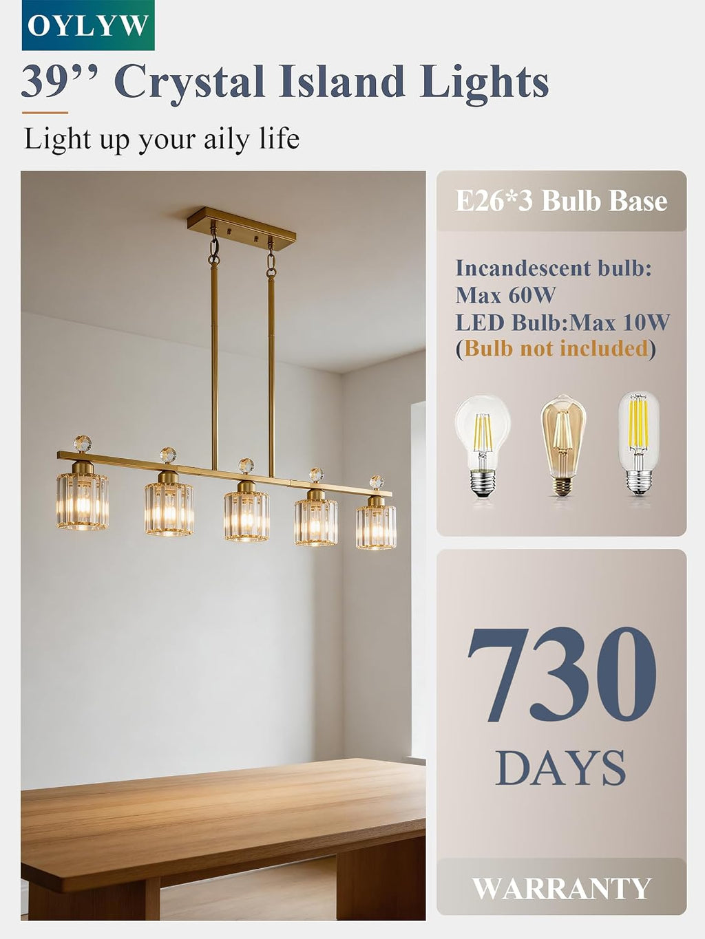 Modern Dining Room Light Fixture Over Table, Crystal Pendant Lights Kitchen Island, Chandeliers for Dining Room Kitchen Light Fixtures (E26) 5-Light Gold